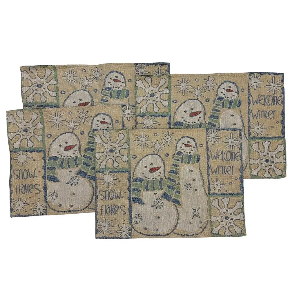 Vintage‎ Tapestry Cream Blue Sage Green Winter Snowman Set of 4 Placemats